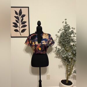 Zara Navy Floral Satin Crop Top with Gold Accents